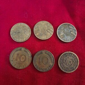 German 10 Pfennig coins 6 total